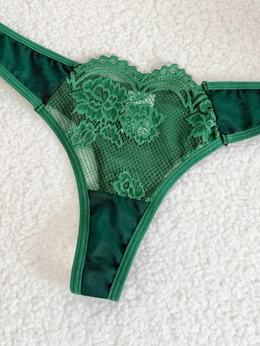 Sexy Vintage Green Eyelash Lace Lingerie Set Ladies Sheer Mesh Underwire Bra Thong Nightwear 2‑Piece S‑XL — image 5