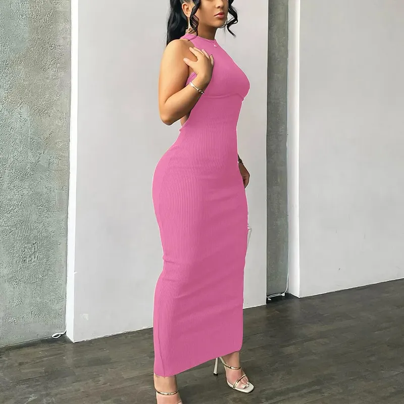 Hugcitar Ribbed Solid Hollow Out Backless Sleeveless Sexy Slit Mini Dress Bodycon 2025 Spring Women Outfits Elegant Party Y2K