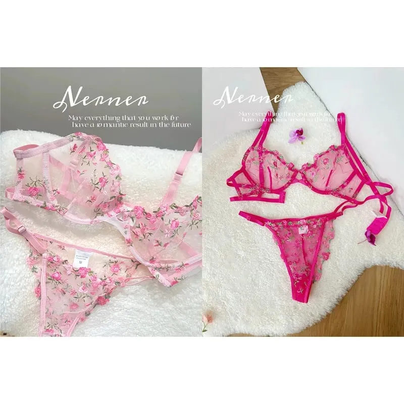 Transparent Floral Lace Embroidery Bra Set Summer Thin Minimizer Underwear Soft Breathable Full Bust Female Home Daily Wear S-XL — image 13