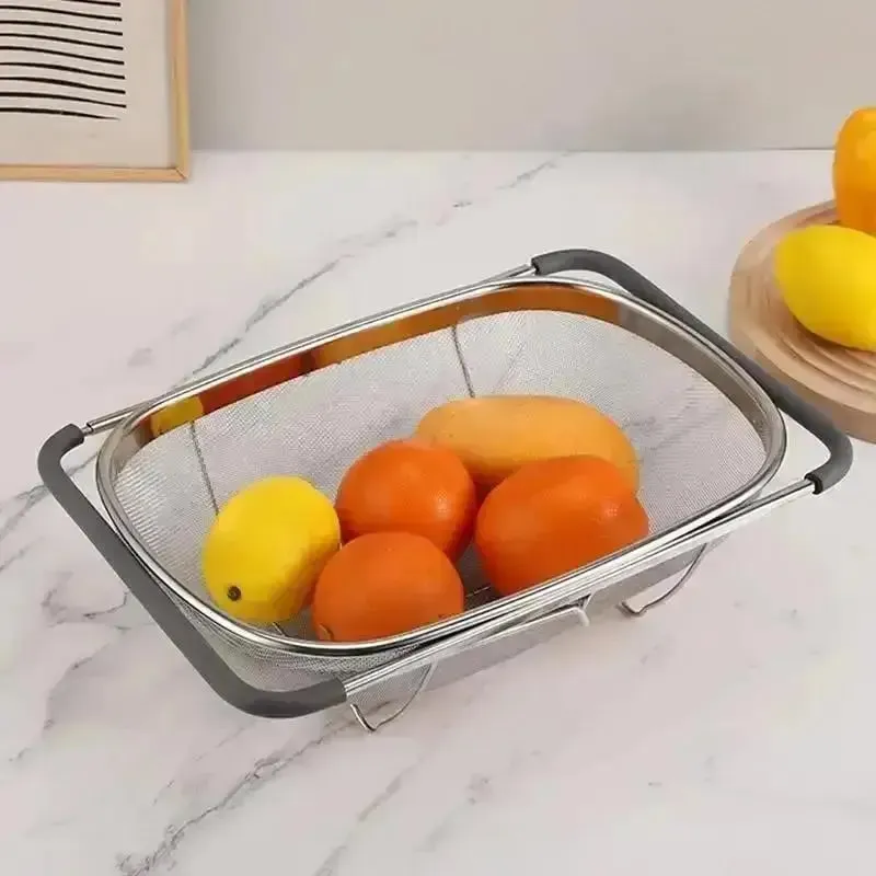 Retractable Drain Basket Rubber Grip Handles Oval Colander Sink Vegetables Draining Rack Home Storage Basket Stainless Steel