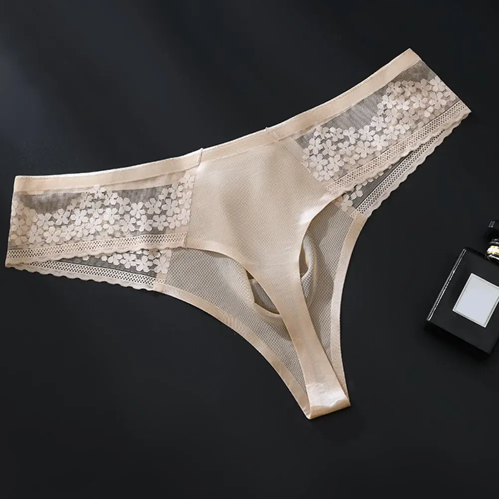 Breathable Men's Lace G-String Underwear Featuring Thin Seamless Ice Silk Fabric with 3D Bulge Pouch and Solid Color Design