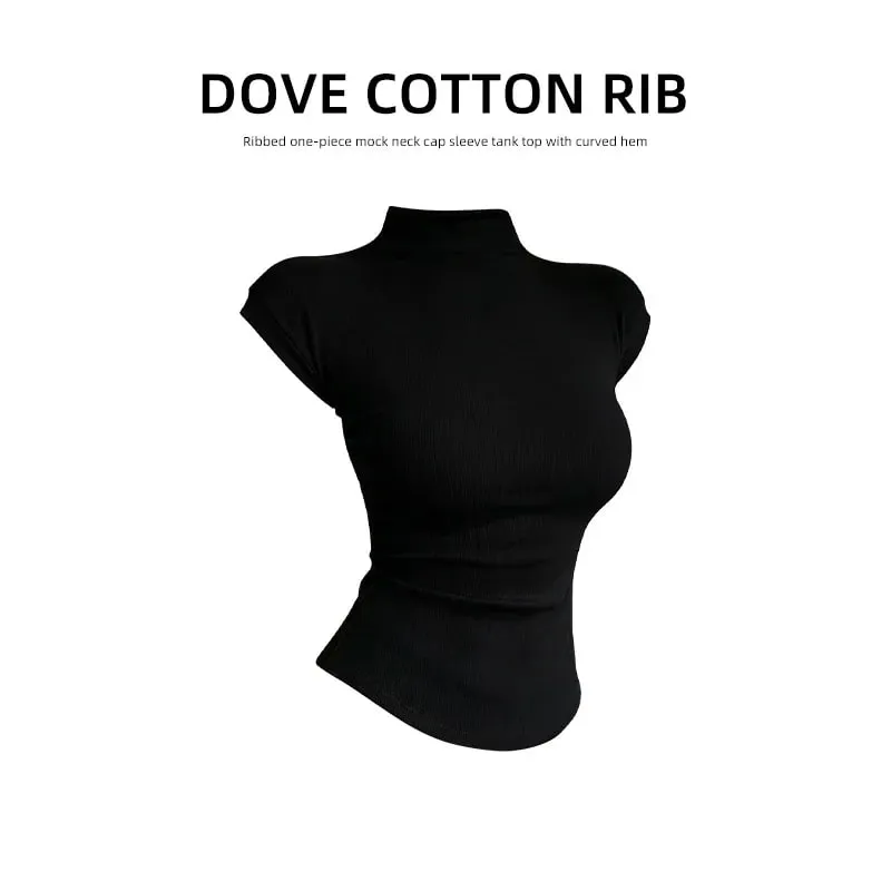 Women's Ribbed Cotton Short-Sleeve Commuter Top Stretchy Soft Minimalist Versatile Slim-Fit Breathable.