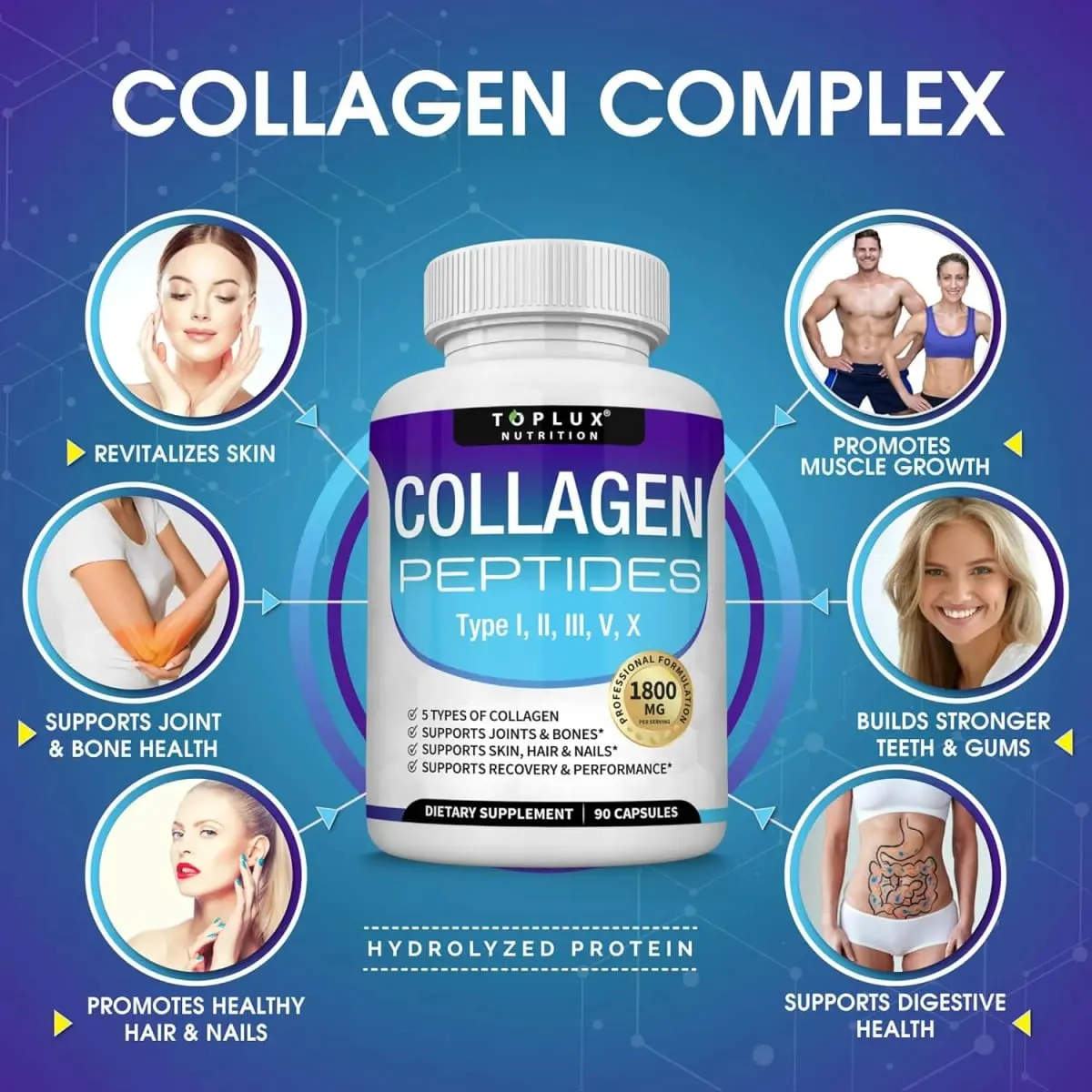Multi Collagen Peptides Capsules 1800 mg - Hydrolyzovaný proteinový kolagenový komplex pilulky na podporu kloubů pokožky a vlasů pro muže, ženy