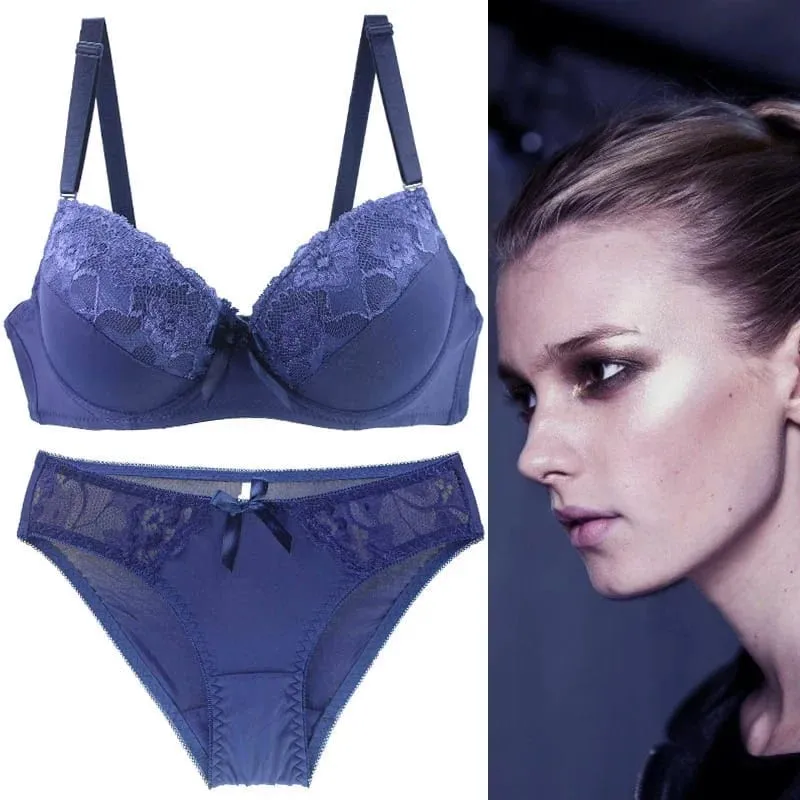 Women Push Up Bra Set Lace Thong Underwear Solid Bow Lingerie Plus Size 70-105 BCDE Cup Female Intimates
