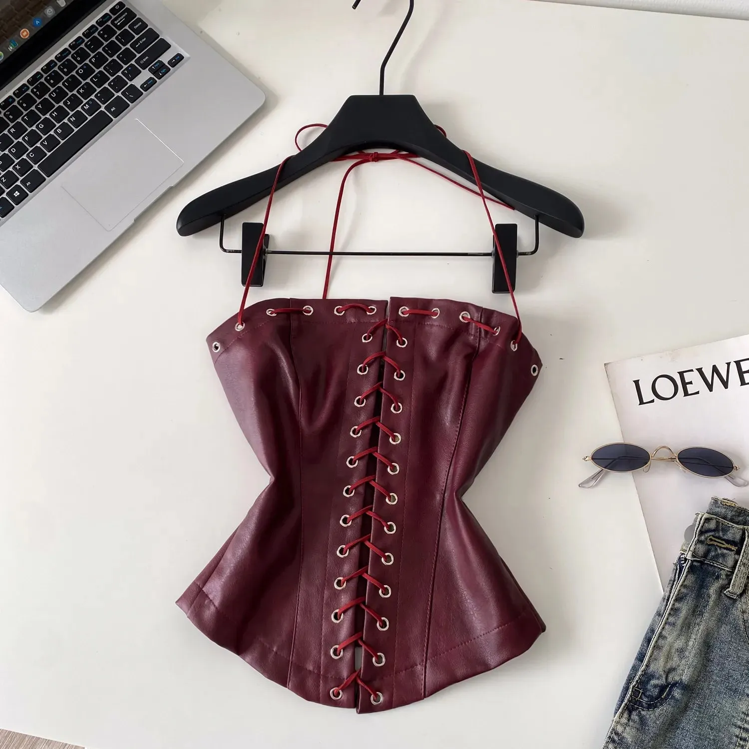 Sexy Bandage Pu Solid Tanks Top Vintage Corset Bustier Korean Autumn Camis Women Party Crop Top Y2k