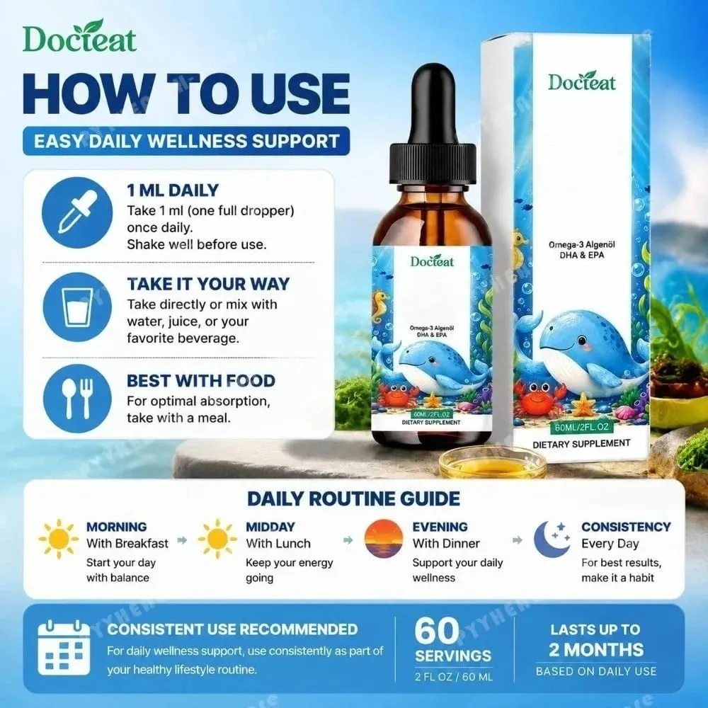 Docteat pflanzliches Omega-3-Algenöl, DHA, EPA, flüssige Tropfen, Gehirngesundheit für Kinder, vegan, gentechnikfrei, tägliche Ernährung, Orange, 60 Portionen