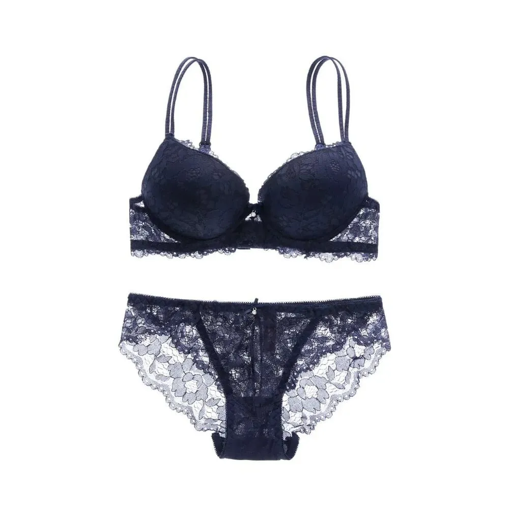 Sweet Mesh Lace Flower Bra Low Waist Bowknot Push Up Bra Women Lingerie Intimates Bra Panties Set Girl