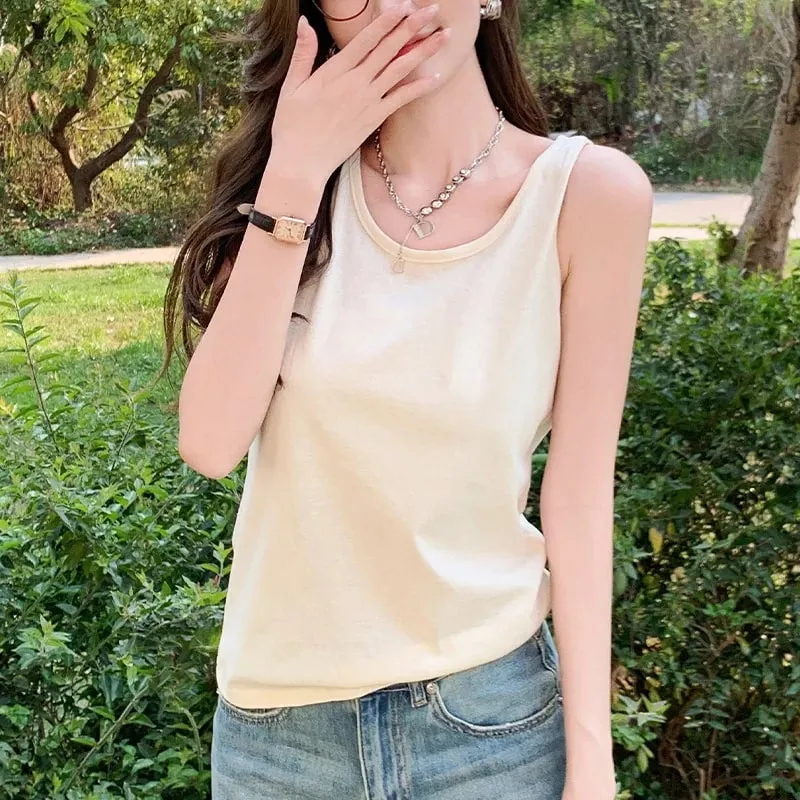 Women Cotton Tank Top Summer Outerwear Loose-Fitting Fitted Layering Round Neck Sleeveless Lightweight Breathable Simple Casual