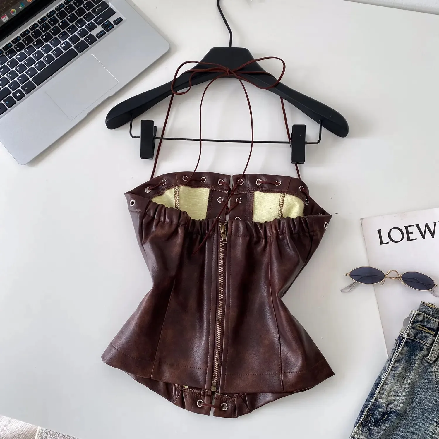 Sexy Bandage Pu Solid Tanks Top Vintage Corset Bustier Korean Autumn Camis Women Party Crop Top Y2k