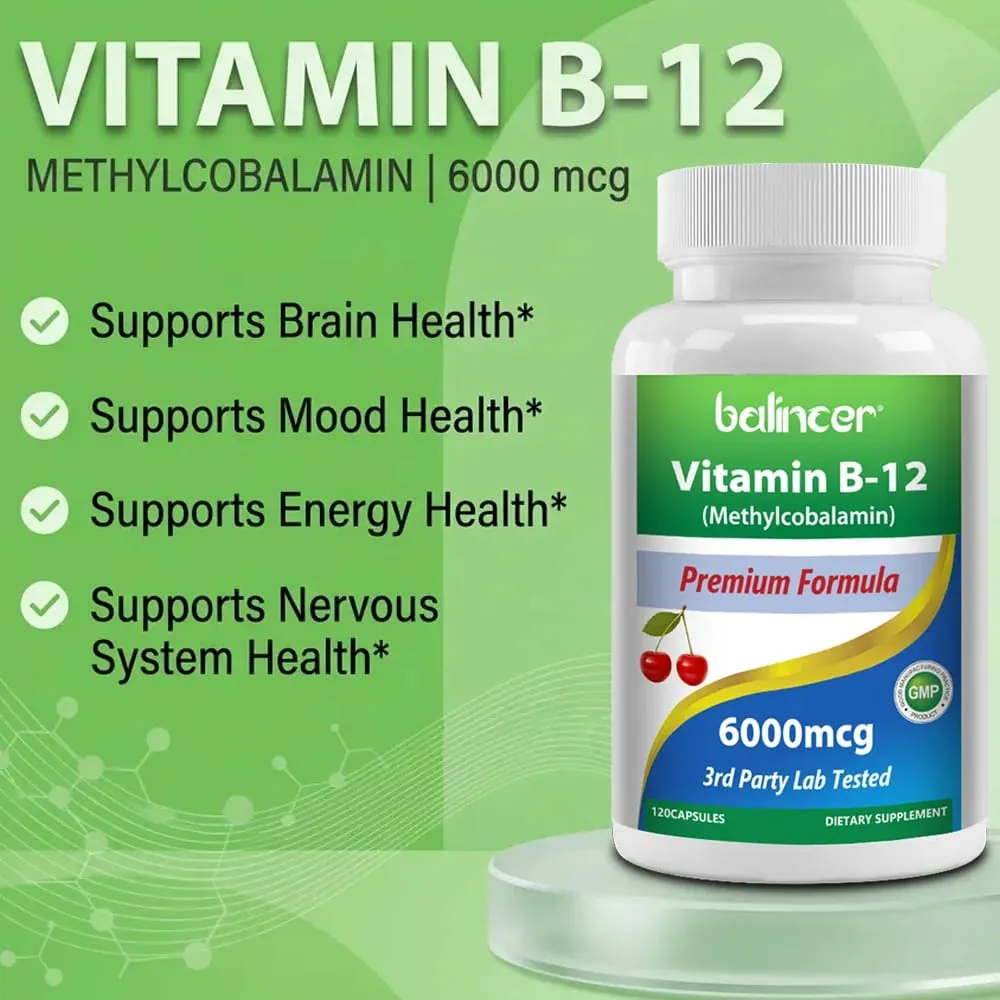 Vitamin B12 Supplement 6000mcg - Energy Brain Memory Mood Heart Function Nervous & Immune System Support 30/60/120 Capsules
