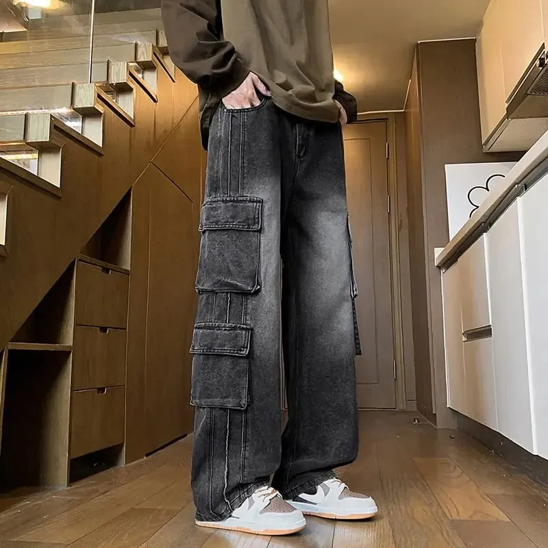 Autumn New Men's Loose Jeans Multi-pocket Work-wearing Jeans Street Hip-hop Straight Wide-leg Pants Baggy Dance Pants — image 1