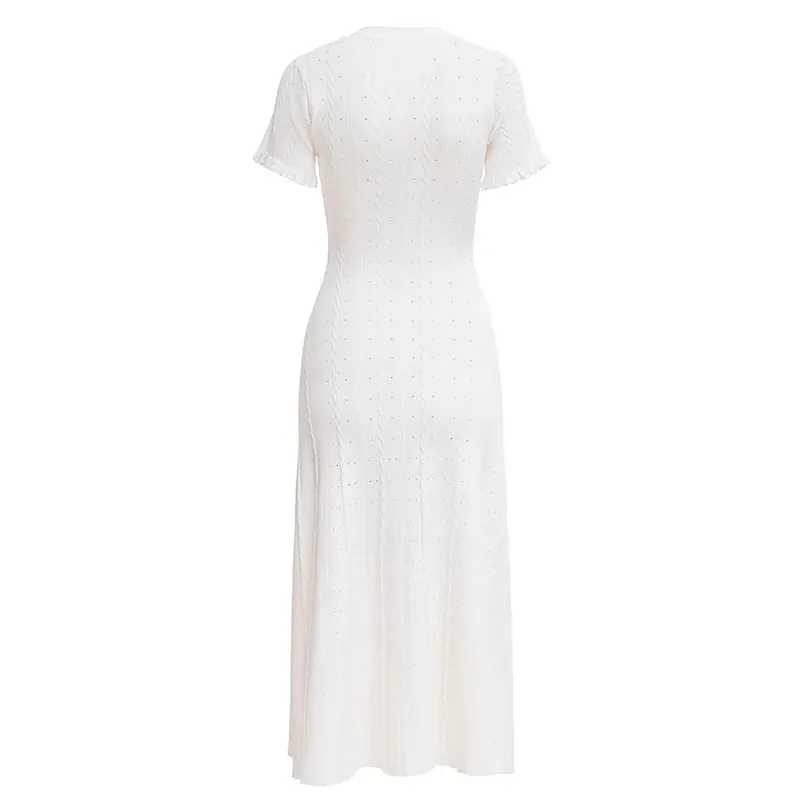 Summer Elegant Lady Knitted Single Breasted Long Dresses Women Solid Short Sleeve O Neck Button Bodycon Party Female Vestidos