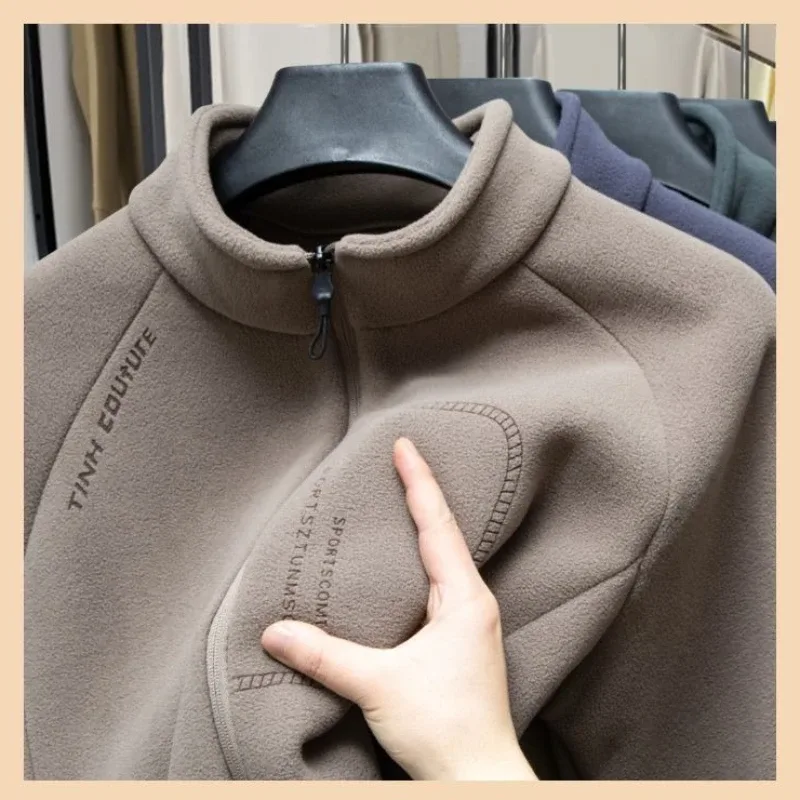 Men Double-sided Polar Fleece Hoodie Cardigan Solid Full Zip Warm Letter Print Casual Coats Thicken Sport Classic Sweatshirts