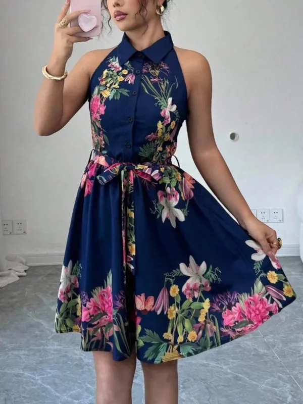 A Line Vestidos Y2k Street Wear Halter Print Floral Elegant Splice Party Night Work High Waist Short Dress Women Dresses — image 7