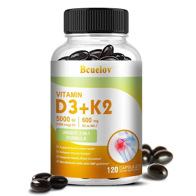 Bcuelov Vitamin D3+K2 5000 IE Vitamin D3 ikke-GMO formel let at sluge vitamin D og K kompleks kosttilskud