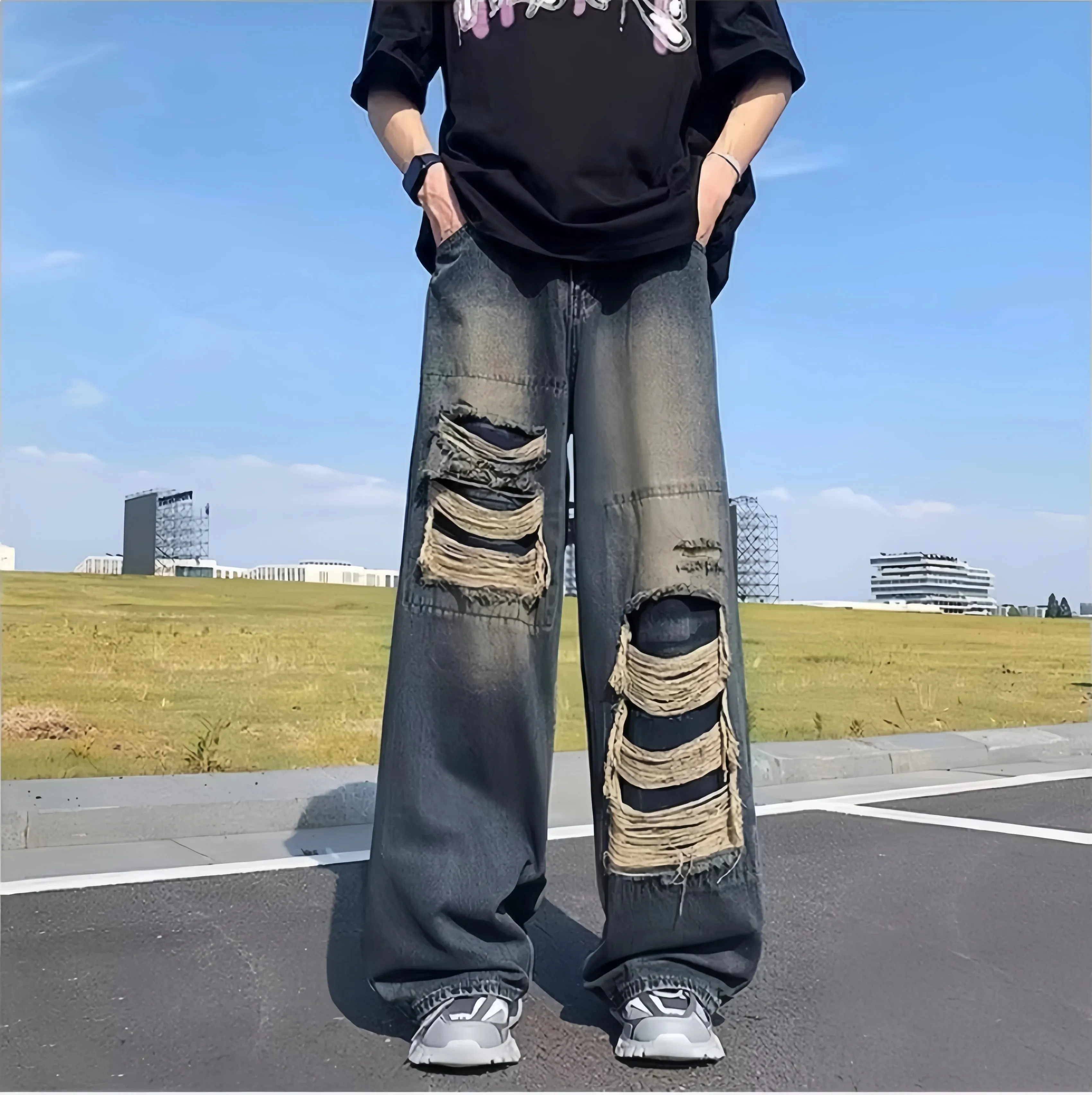 Men's Dark Vintage Wash Baggy Wide Leg Jeans Multi-layer Frayed Ripped Detail Hip Hop Street Style Casual Daily Street Outing Loose Denim Trousers