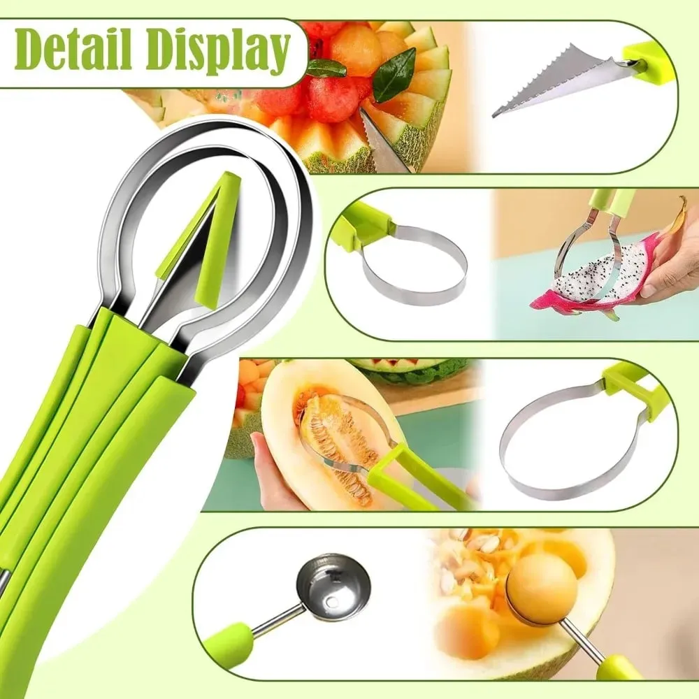 Melon Baller Scoop Set 4 In1 Fruit Cutters Shapes Watermelon Scooper Fruit Scooper and Baller Stainless Steel Fruit Carving Tool