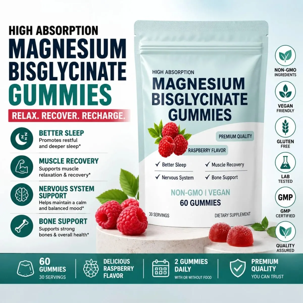 Magnesium Bisglycinate Gummies Chelated Magnesium Daily Mineral Support Vegan Raspberry Flavor Non-GMO Gluten Free 60 Count