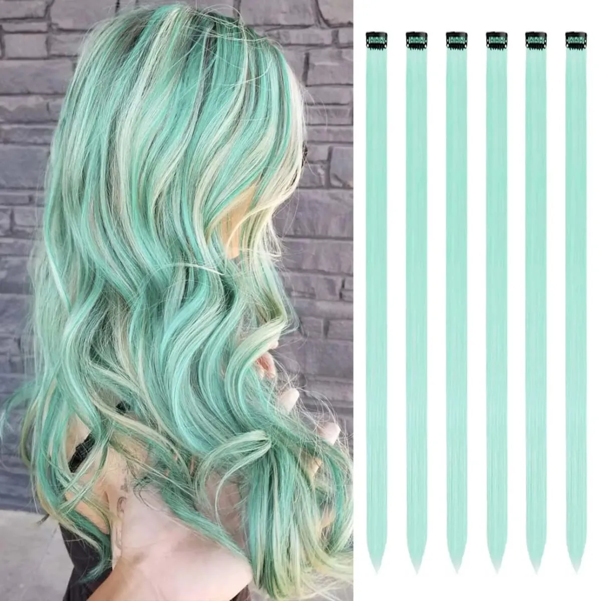 6 Pcs Clip Extensions Synthetic 24 Inch Colored Hair Extensions Party Highlights Long Straight Hairpieces for Women Kids Girl