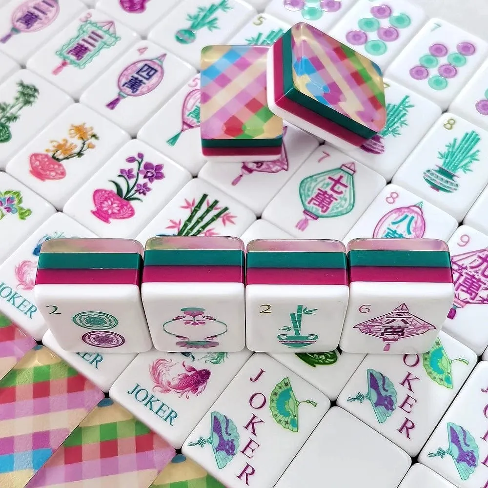 Luxury Engraved Acrylic American Mahjong Tiles Pink Plaid Mahjong Set Carved Crystal Mah Jongg Sets for Indoor Party Board Games