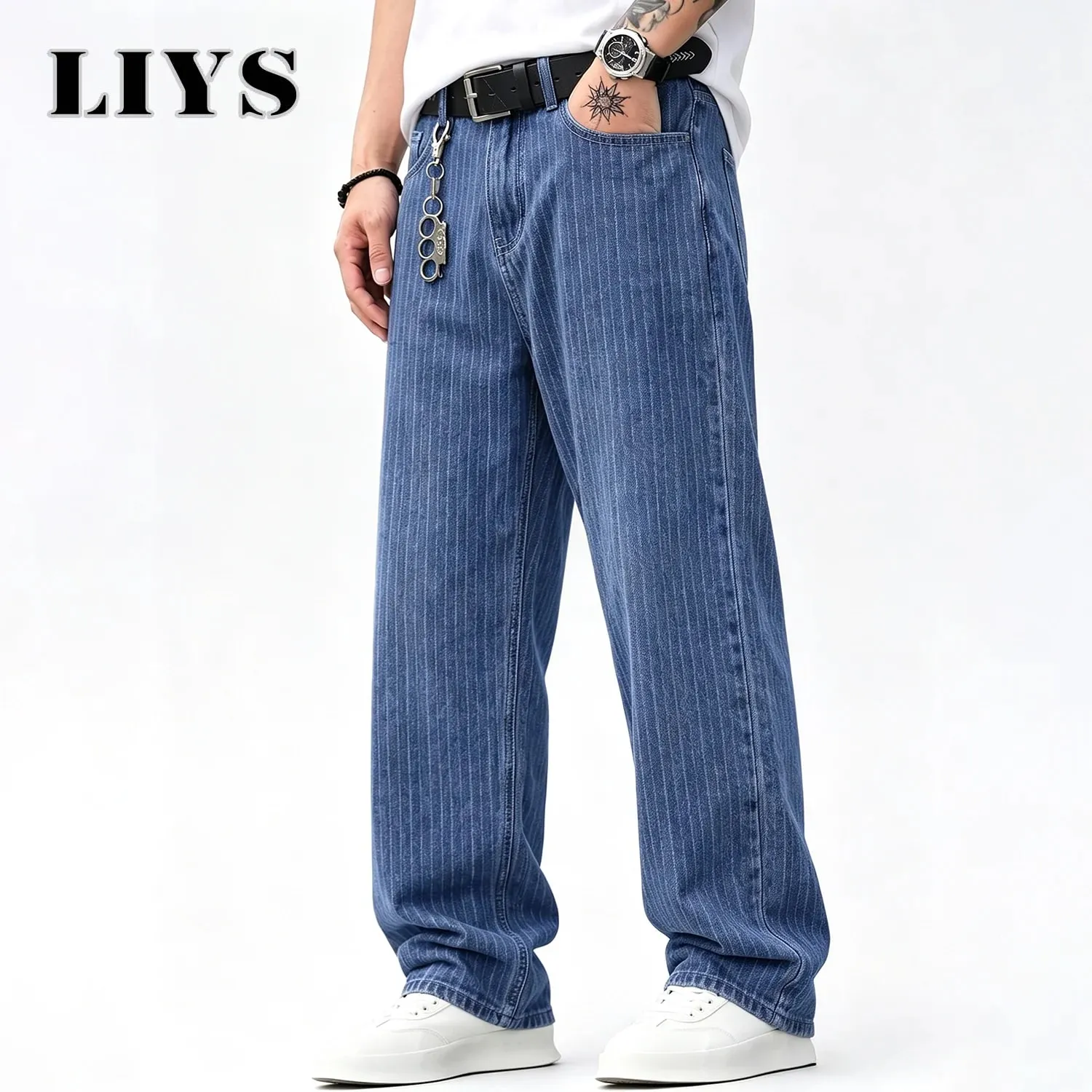 Men Vertical Thin Stripe Jacquard Baggy Denim Pants Classic Blue Loose Wide Leg Straight Leg Vintage Washed Jeans