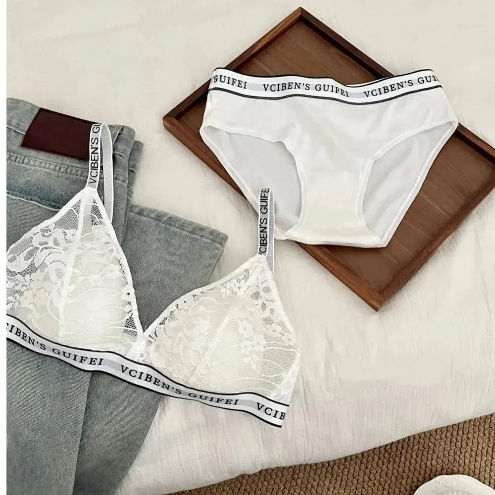 Confortável carta design lingerie conjunto profundo v sem fio roupa interior feminina terno cor bloqueando sutiã de renda calcinha conjunto feminino