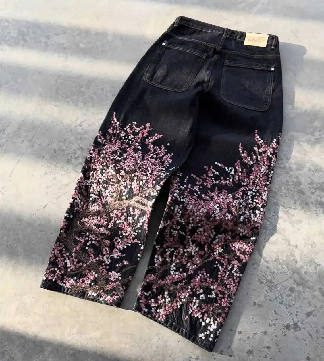 Unisex Jeans Harajuku European American Streetwear Embroidered Denim Pants Vintage Floral Loose Fit Straight Wide Leg Casual New