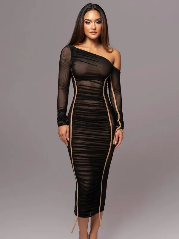 Hugcitar Mesh Solid Diagonal Krave Langærmet Draperet Sexet Gennemsigtig Bodycon Maxikjole Sommermodetøj Festival Club
