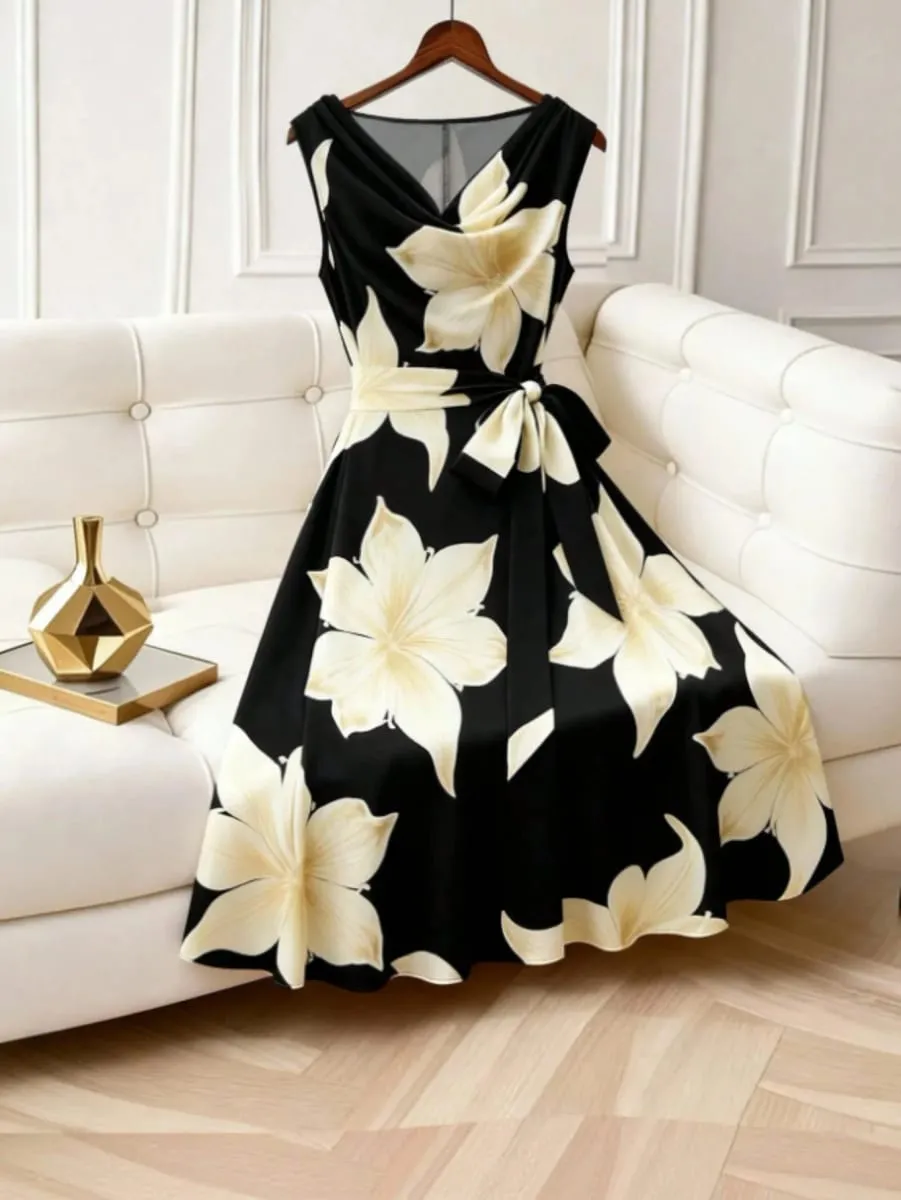 Women's Retro French Stripe Dress with Sash Tie Waist Sleeveless Gown Vintage Style Garment