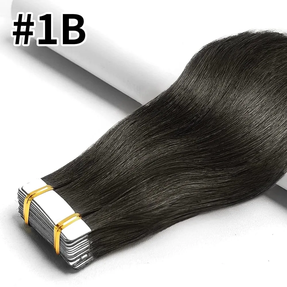 20Pcs/50g Straight Tape In Hair Extensions Full Head 100% Human Hair Tape ins Adhesive Invisible Glue Natural Black 24 26 Inches