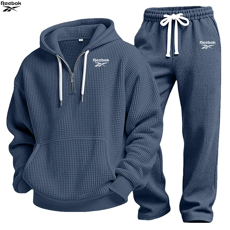 2026 Reebok Brand Spring-Autumn Men's Hooded Sweatshirt Set - Retro Solid Color Loose Fit Street Style Half-Zip Hooded Shirt - C