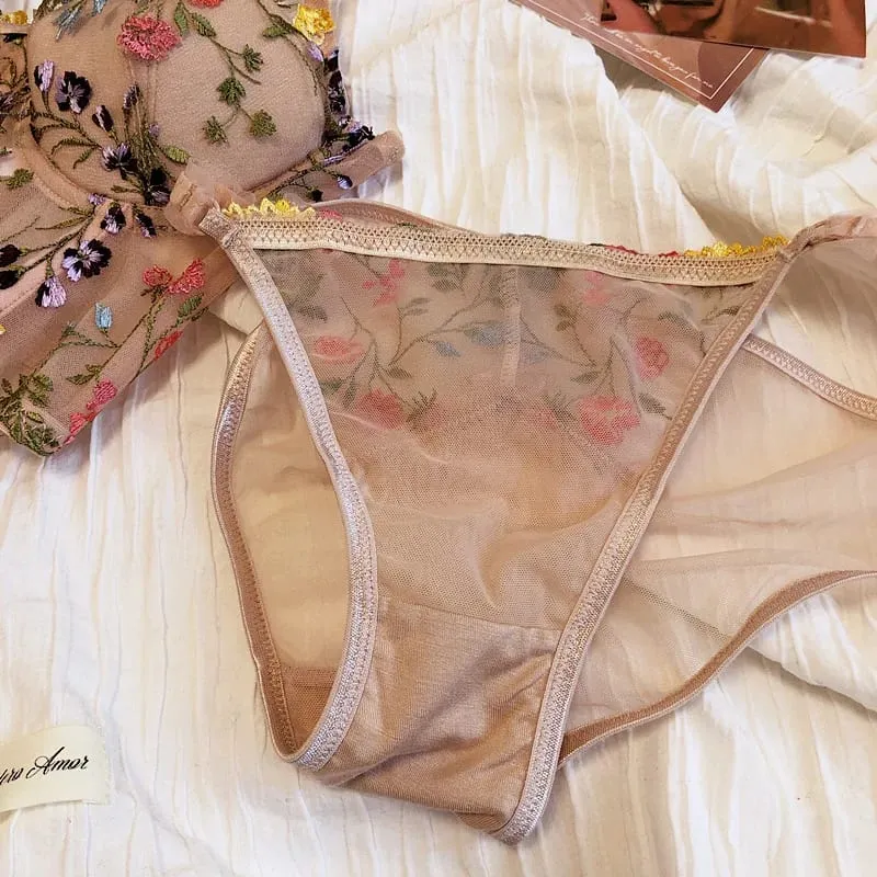 Extended Embroidered Bra And Panty Set Floral Lace Women Underwear Sexy Female Thin Cotton Cup Push Up Lingerie Suit