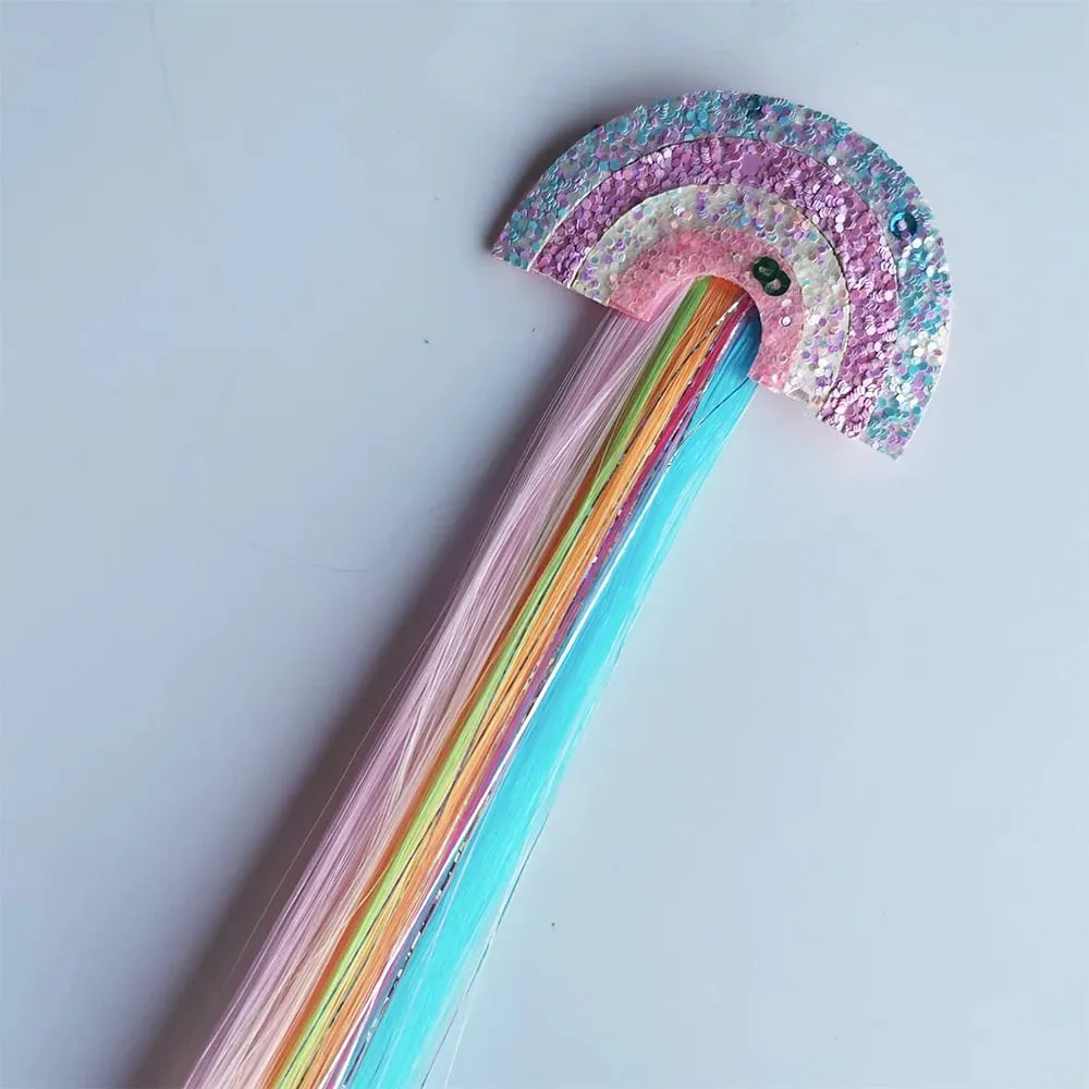6pcs Clip in Curly Hair Extensions Rainbow Color Hairpieces with Cute Alligator Clip Bows for Girls-Great for Gifts Holidays