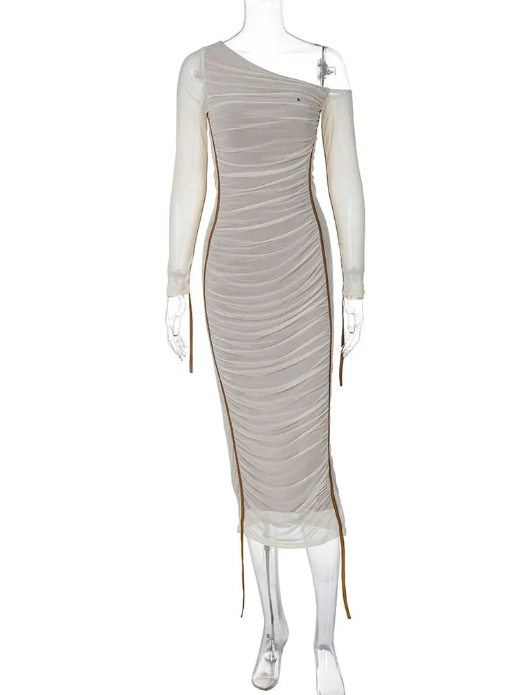 Hugcitar Mesh Solid Diagonal Krave Langærmet Draperet Sexet Gennemsigtig Bodycon Maxikjole Sommermodetøj Festival Club