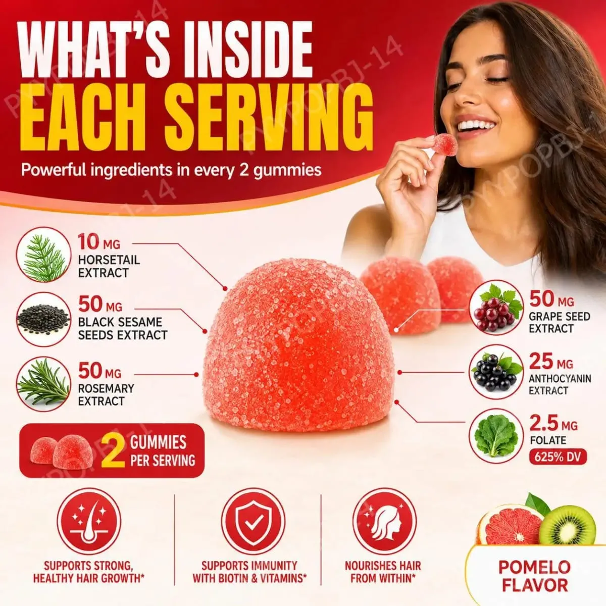 Biotin Gummies with Vitamin C and B12 Supports Strong Healthy Hair Growth Hair Care with Kiwi and Pomelo Extract - 15 Servings