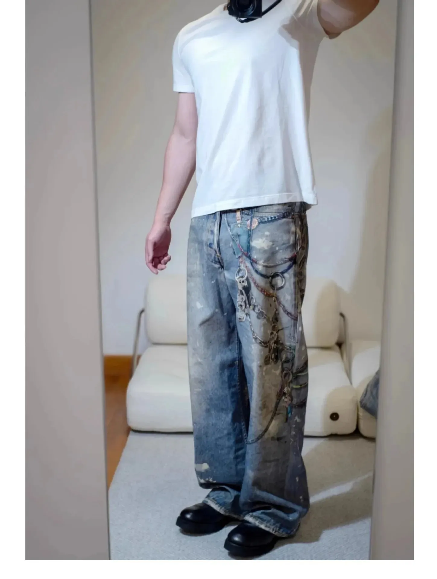 Street 3D Printed Candy Chain Denim Washed Jeans Baggy Fashion Curved Blade Harem Jeans Pants Men Y2k Wide Leg Trousers