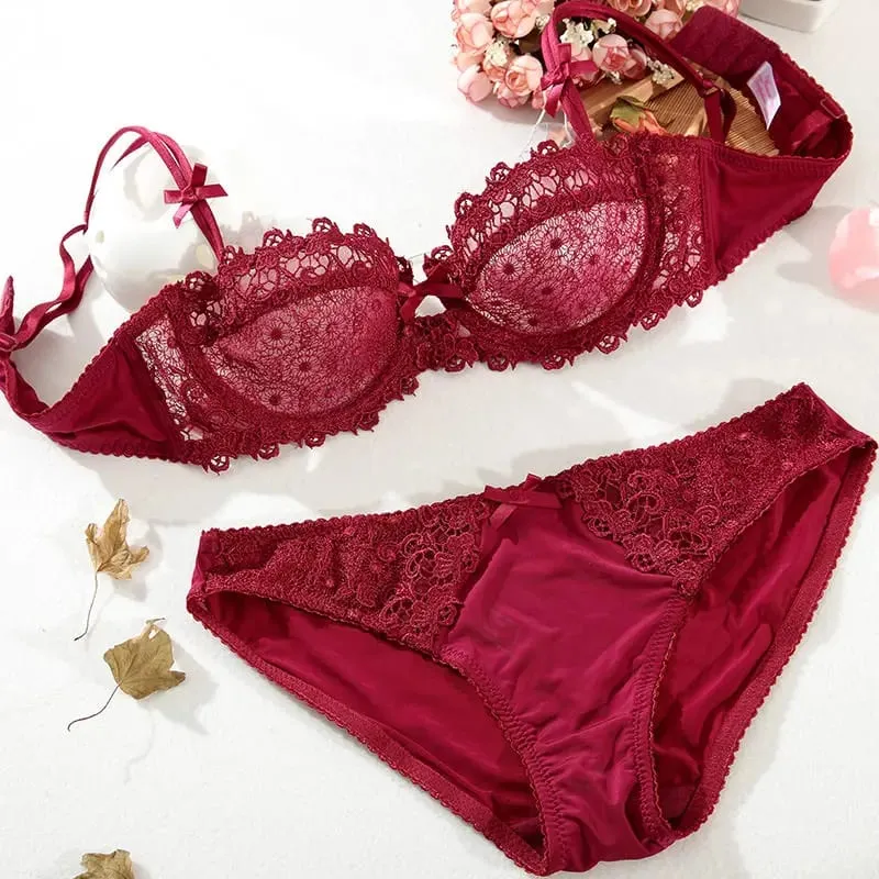 New Arrival Sweet Spicy Lace Lingerie Set Ultra Thin Half Cup Push Up Bra Soft Underwire Anti Sag Comfortable Women Wear — image 2