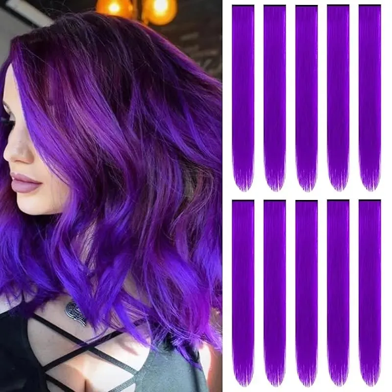 1 5 11 Pcs/lot Clip in Hair Extensions Multi-Colors Highlights Synthetic Hair 22 inch Rainbow Hairpieces for Girls Women 2030