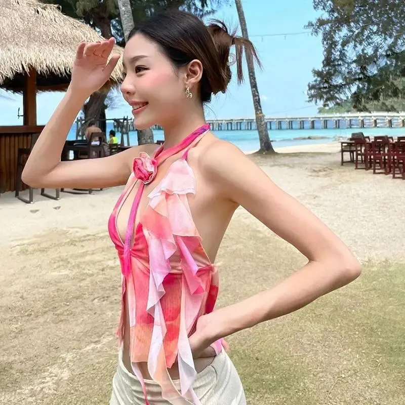 Pink Y2K Crop Tops Printed Sleeveless Sexy Slim Tank Tops Summer New Sweet Cute Casual Party Beach Tank Top Women Clothing — image 3