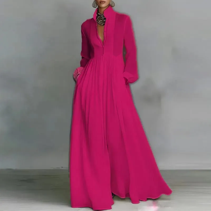 Francouzské elegantní swingové dlouhé šaty s vysokým pasem žena jarní plné kapsy plisované maxi šaty podzimní večerní šaty s dlouhým rukávem — image 9