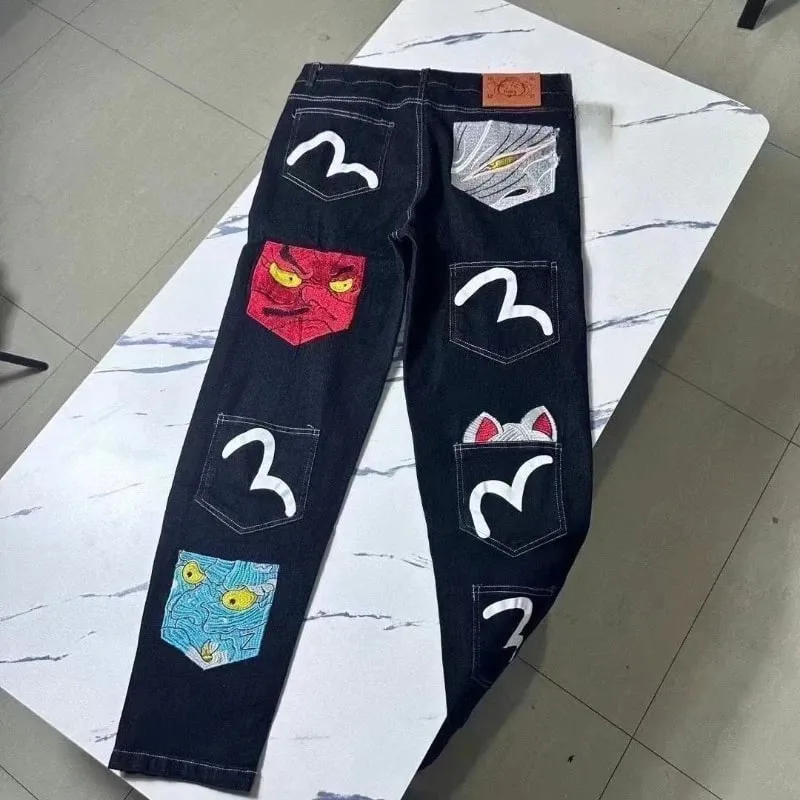 Mens Jeans Harajuku Fortune God Print Multi Pocket Denim Pants New Workwear Cargo Trousers Casual Streetwear Fashion Autumn New — image 3