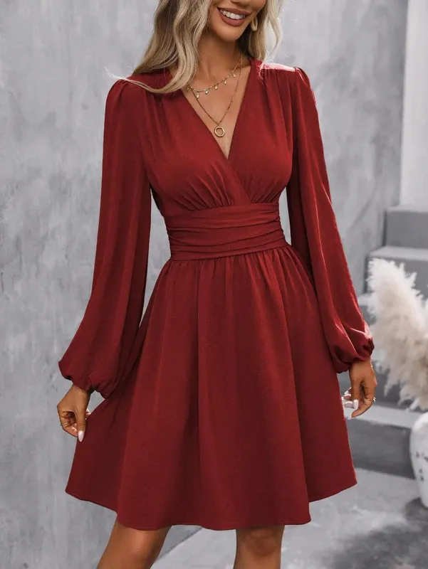 Dresses 2025 Woman Clothing V Neck Lantern Sleeve Wrap Mini Dress Ruched Waist Flowy Hem Elegant for Autumn and Party Styles