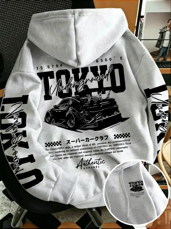 Autumn Winter New Men'S Tokyo Underground Racing Line Drawing Print Hooded Sweatshirt Japanese Street Trendy Top