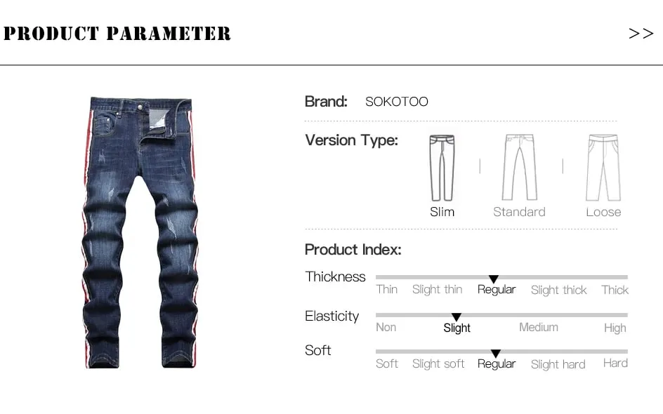 Men Side Stripe Denim Jeans Blue Stretch Washed Denim Pants Slim Straight Trousers
