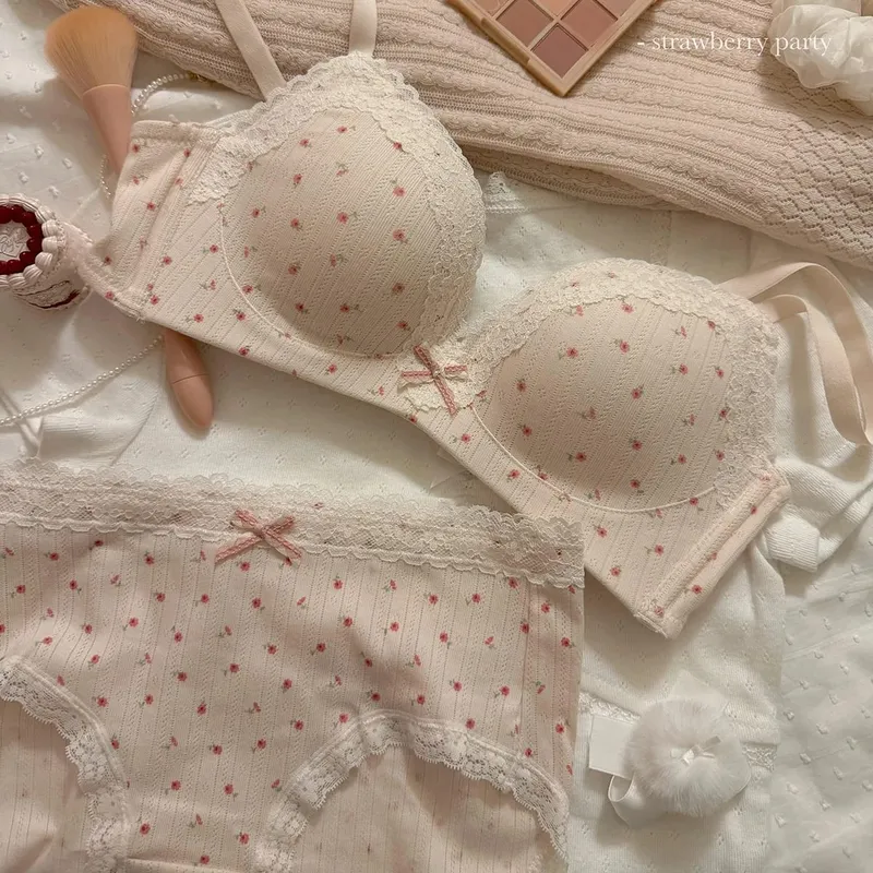 Teenage Sexy Lace Floral Bra Set Comfortable Non-steel Ring Beauty Back Small Breasts Gathered up Support Anti-Sagging Bra Set