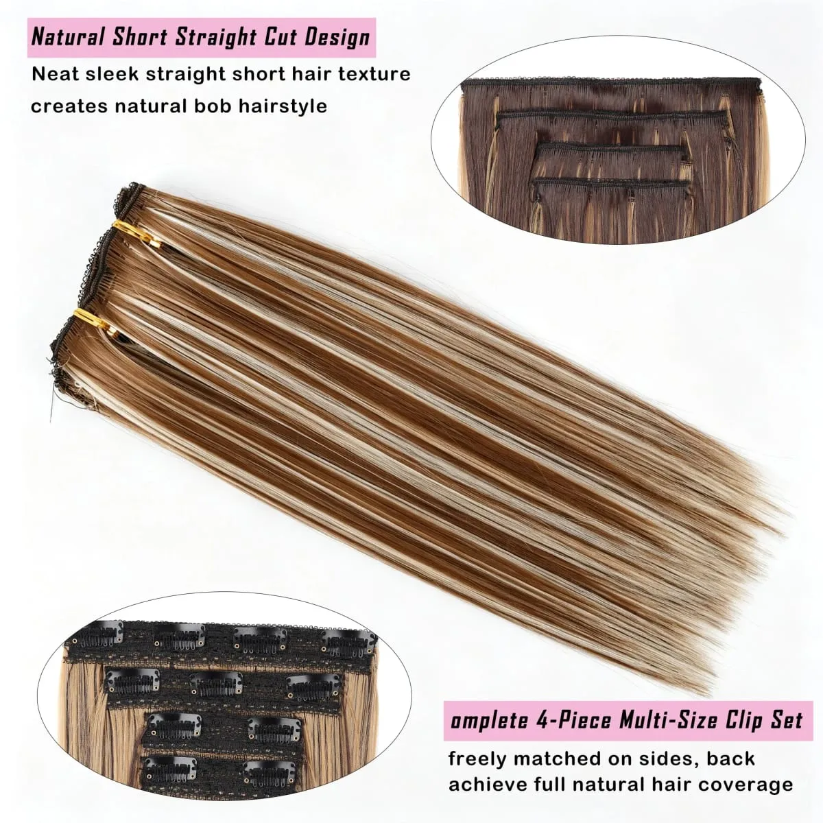 Clip In Hair Extensions 4Pcs/set Full Head 12 Inch Straight Short Synthetic Highlight Hair Extensions For Women Daily Use