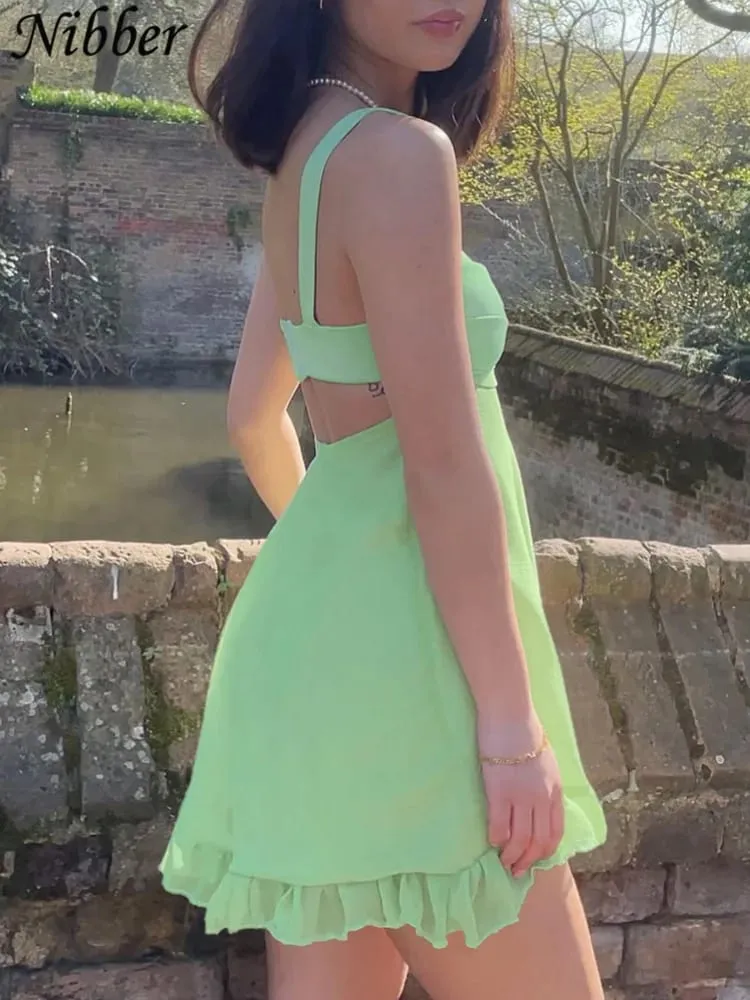 Nibber-Vestidos Elegantes Para Mujer, vestido Sexy ajustado con recortes de Color liso, vestido con volantes y espalda descubierta para Mujer 2023