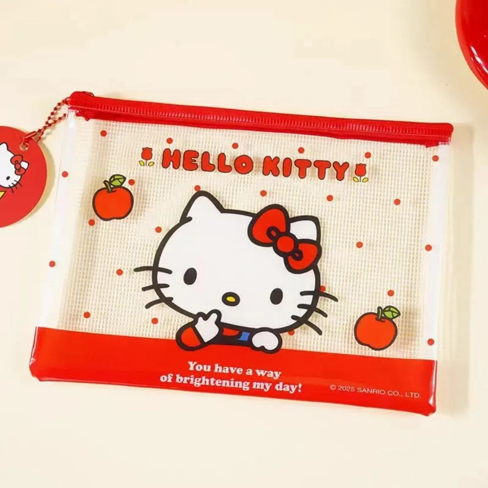 Genuine Sanrio Hello Kitty A5 Mesh Zipper Pouch Cute Kt Cat Waterproof PVC Document Bag For School File Pen Stationery Organize