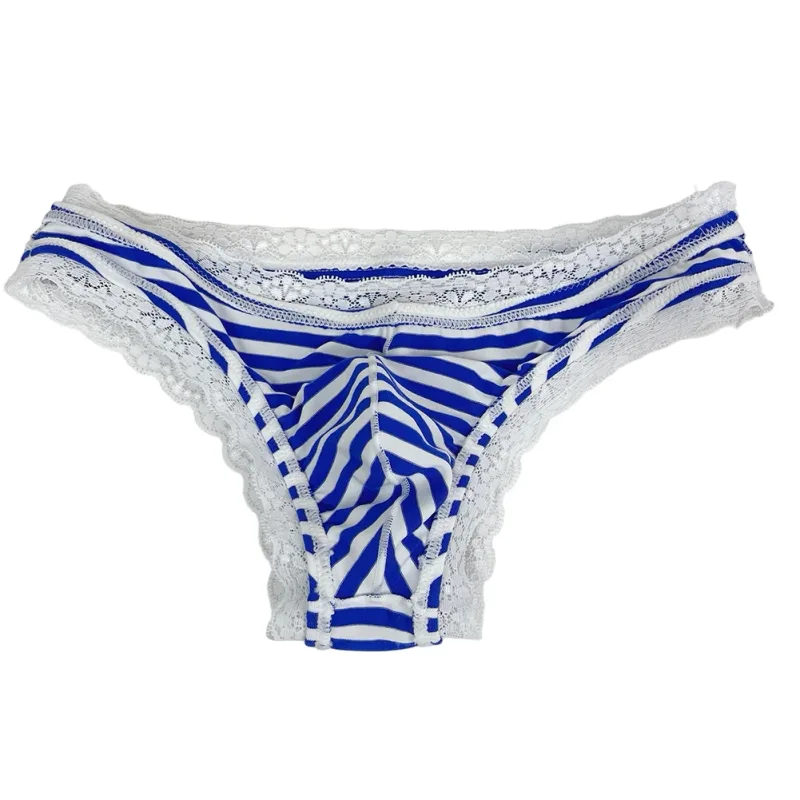 Men Lace Trim Striped G-string Underwear Half-covered Butt Low-rise Pantie Thong Half Hip Men Briefs Mens Sexy Underwear