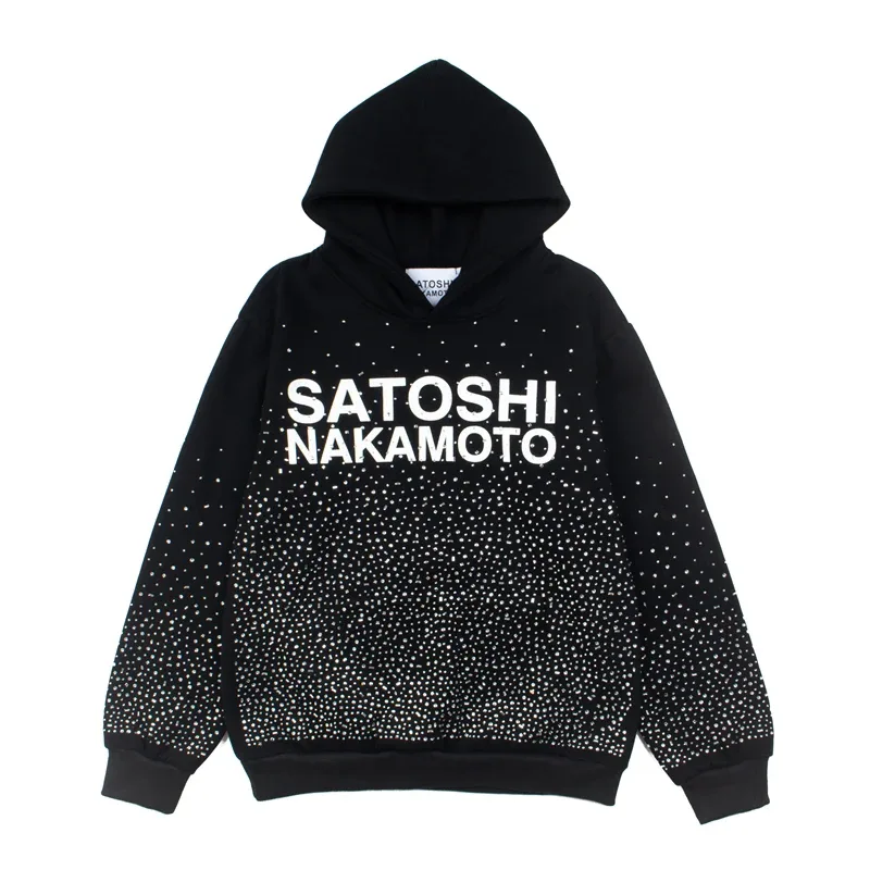 Hoodies Pullover 26ss Vintage Embroidery Leather Pattern Glittering Diamond Print Men's Hooded Hip Hop Style Sweatshirts